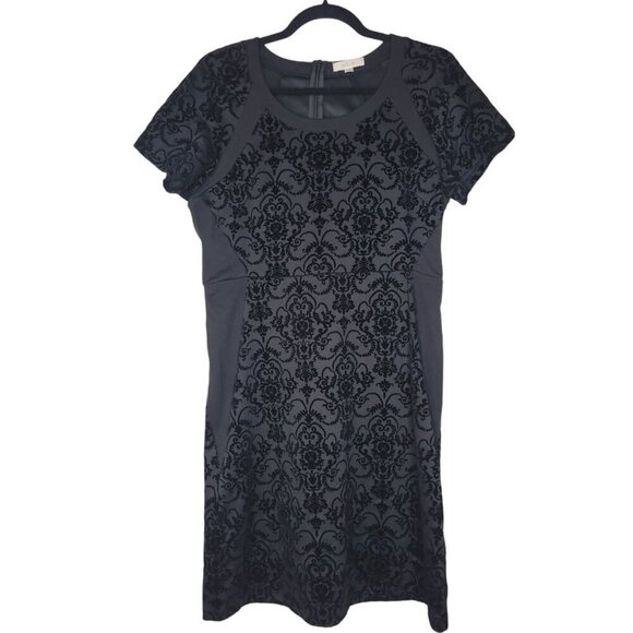 Halo Black Velvet Gothic Dress Size M Knee Length Witchy Damask Pattern Stretch - Picture 1 of 9
